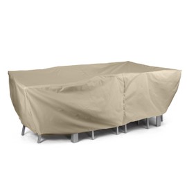 Covermates Rectangular Dining Table/Chair Set Cover - Water-Resistant Polyester, Mesh Ventilation, Center Hole for Umbrella, Patio Table Covers, with Umbrella Hole 90W x 58D x 30H, Khaki