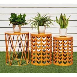 HFHOME Round Nesting Coffee Tables, Set of 3 End Tables for Living Room Balcony Office, Heavy Duty Metal Stacking Nightstand for Home Indoor - Orange