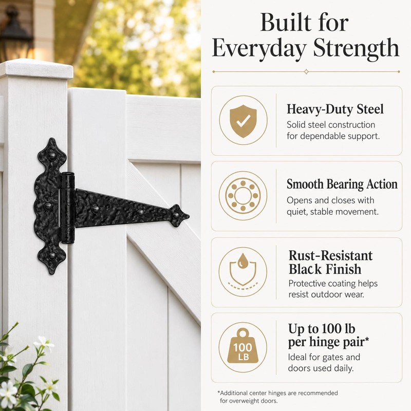 6 Inch Decorative Hammered Tee Hinge, 2 Pack Black Heavy