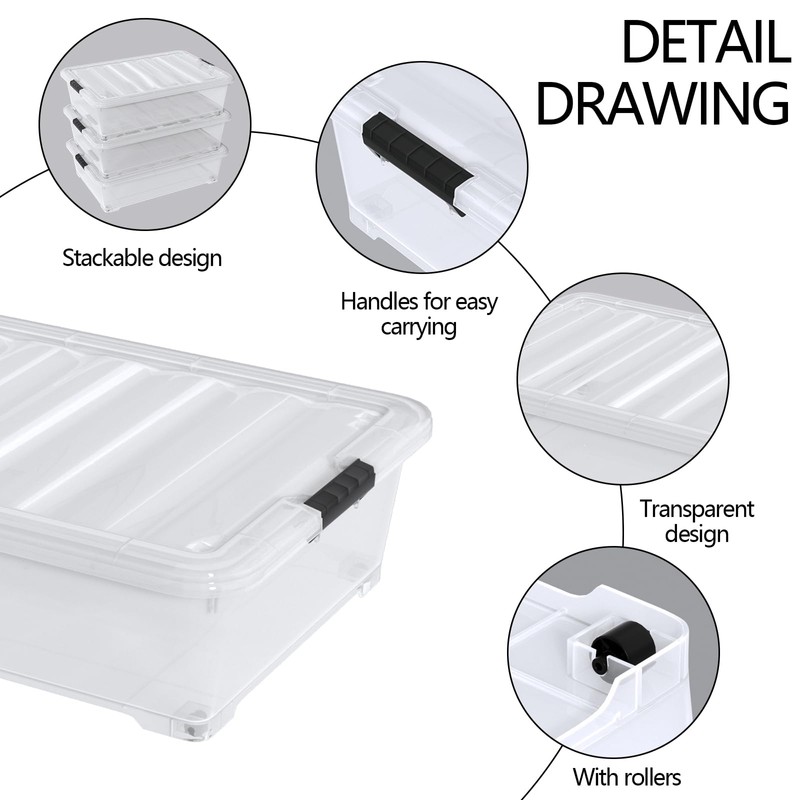 Parlynies 50 Quart Large Under Bed Storage Box, Clear Plastic