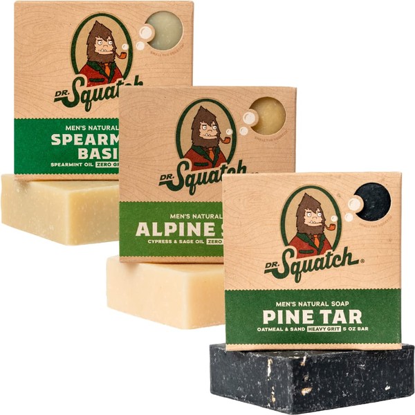 Dr. Squatch All Natural Soap Bars for Men, 3 Bar Variety Pack, Pine Tar, Alpine Sage and Spearmint Basil
