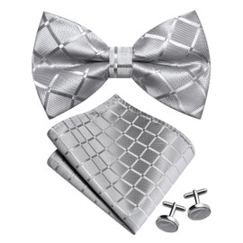Gusleson Plaid Silver Grey Bow Tie Pocket Square Set for Men Checkered Pre-Tied Bowties Handkerchief Cufflinks for Wedding (UK0494-03)