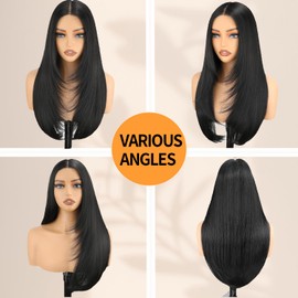 NOSTALGIA Black Wear and Go Glueless Wigs Straight Lace Front Wig Pre Cut Glueless Synthetic Layered Wig 24 Inch Middle Part Closure Wig For Women