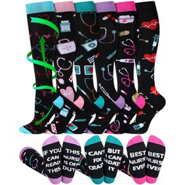Breathffy 6 Pairs Funny Nurse Compression Socks for Women Medical Support Knee High Socks Circulcation 15-20 Mmhg Fun Novelty Nursing Socks Nurse Assistant Appreciation Gift for Running Work
