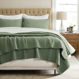 EVERGRACEHOME Ultra Soft Oversized Cross Stitch Cotton Quilt Bedding Set King Size, 3 Pieces Lightweight Bedspread Coverlet for All Season, with 2 Matching Shams, Olive Green, 108"x96"