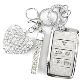 YIKECASE Key Fob Cover with Diamond Keychain Car Key Holder Compatible with Land Rover Range Rover Evoque Sport Vogue Discovery 5 Jaguar E I-PACE 2018-2023 Protector for Women, (Silver-Heart)