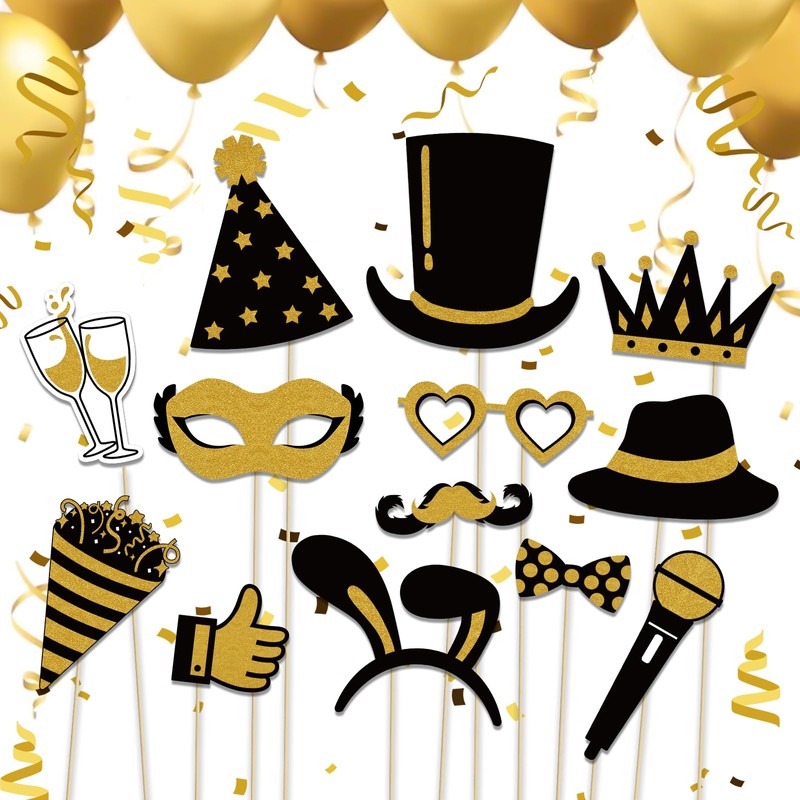 Kaluofan 25 PCS Black and Gold Party Decorations, Photobooth Party