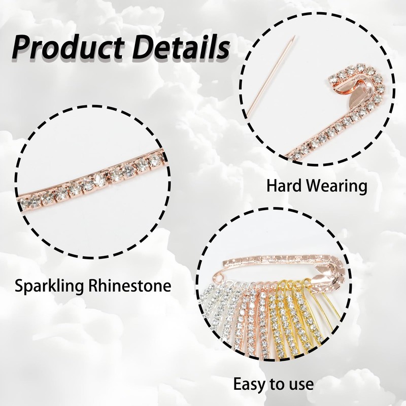 12Pcs Rhinestone Safety Pins 3 Colors Rhinestone Brooch Decorative Brooch