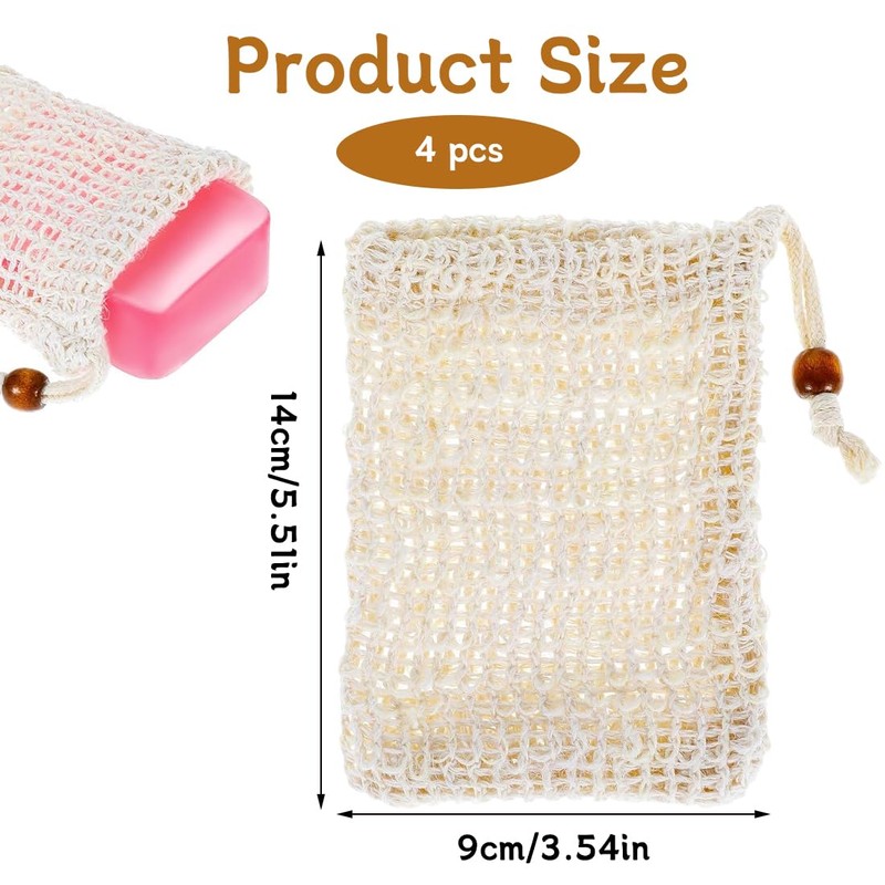 4pcs Bubble Net, Cotton Linen Soap Bag, Natural Products Beige