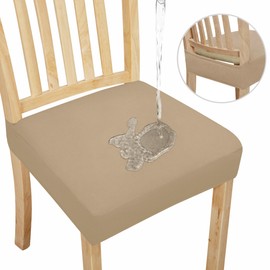 Easy-Going 100% Waterproof Seat Covers for Dining Room Chairs Set of 6, Stretch Chair Seat Slipcovers Protector Removable and Washable Kitchen Dining Chair Covers, Khaki