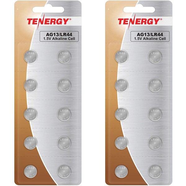 Tenergy 1.5 Volt Battery LR44, Button Cell LR44, ag13/LR44 Batteries Equivalent, Ideal for Watches, Laser Pointers, Small Toys, Portable Electronics, and More, 20 Pack