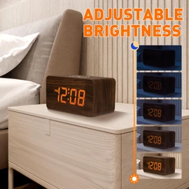 Wooden Digital Alarm Clocks with wireless charging for Bedrooms LED Display for Desks, Adjustable Brightness, Voice Control, and a Triple Digital Clock with Adjustable Brightness and Voice Control