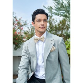 HISDERN Bow Tie Pre tied Mens Beige Paisley Bow Ties & Pocket Square Set with Cufflinks Wedding Party Bowties Handkerchief Cuff Links Gifts for Men,Beige