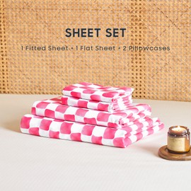 Wake In Cloud - Gingham Sheet Set, 4-Piece Sheet Set, Checkered Grid Plaid Checkerboard Geometric Preppy Hand Drawn Pattern Printed Bedding, Deep Pocket, Hot Pink White, Queen Size