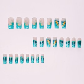 Summer Blue Ocean Press on Nails Medium Length Fake Nail with Goldfish Bubbles Designs Square False Nails Glossy Full Cover Stick on Nail French Tip Glue on Nail for Women Girls 24 Pcs
