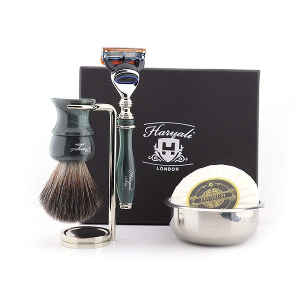Haryali London 5 Piece Men's Grooming Kit with 5 Blades and Synthetic Badger Shaving Brush, Stand, Soap and Bowl
