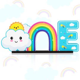 TICIAGA Rainbow Clouds One Letter Sign Wooden Centerpiece, Pastel Rainbow Cloud One Wooden Letters First 1st Birthday Party Supplies, One Years Old Birthday Milestone Baby Shower Photo Props for Kids
