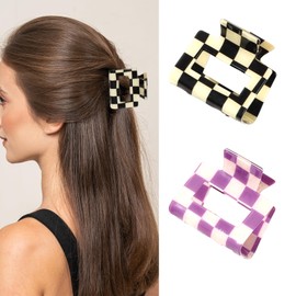 YUEELI 2 PCS Checkered Hair Claw Clips for Thin and Medium Fine Hair, Rectangle Hair Clips Y2K Hair Barrettes 90s Hair Accessories for Women, Black and Purple