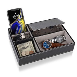 Baoyun Mens Valet Tray Organizer: Leather Valet Box EDC Catch all tray with 5 Compartments for Wallet Key Phone Dresser Top Nightstand Organizer