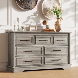 Farmhouse 7 Drawers Dresser for Bedroom, 54" Wide Chest of Drawers with Smooth Gliding Drawers, Water Gray Wood Dresser, Sturdy Storage Dressers Organizer with Metal Handles, for Home Office, Nursery