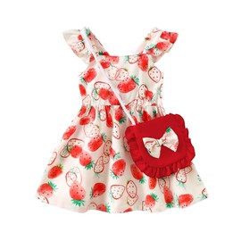 18-24 Months Girl Clothes Baby Girls Dress Infant Summer Outfits Toddler Casual Ruffle Sleeve Strawberry Red Sundress with Cute Red Bag