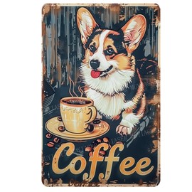 MUYIASER Metal Signs Corgi dog Coffee Sign Vintage Signs Retro Aluminum Tin Sign for Kitchen Office Home Bar Cafe Decor 8x12 Inch