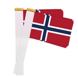 25 Packs Small Norway Flags on Handheld Stick，Miniature Norwegian Flag for Outside,4x6 Inch Mini Hand Held Banner with Golden Topper,Patriotic Decorations