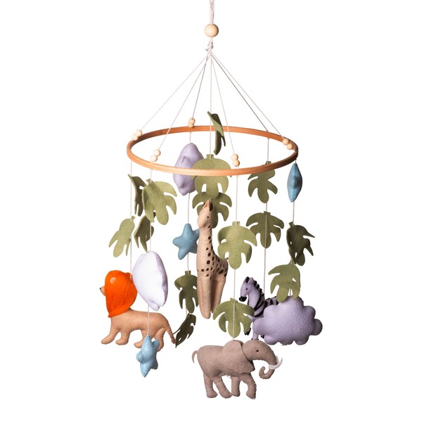 Safari Nursery Mobile with Realistic Felt Animals Lion, Giraffe, Zebra,