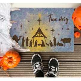 DecStic True Story Coir Mat Nativity Scene Doormat Christmas is Coming Farmhouse Weather Resistant Non Slip Mat for Indoor Outdoor Porch Home Entryway 16x24in