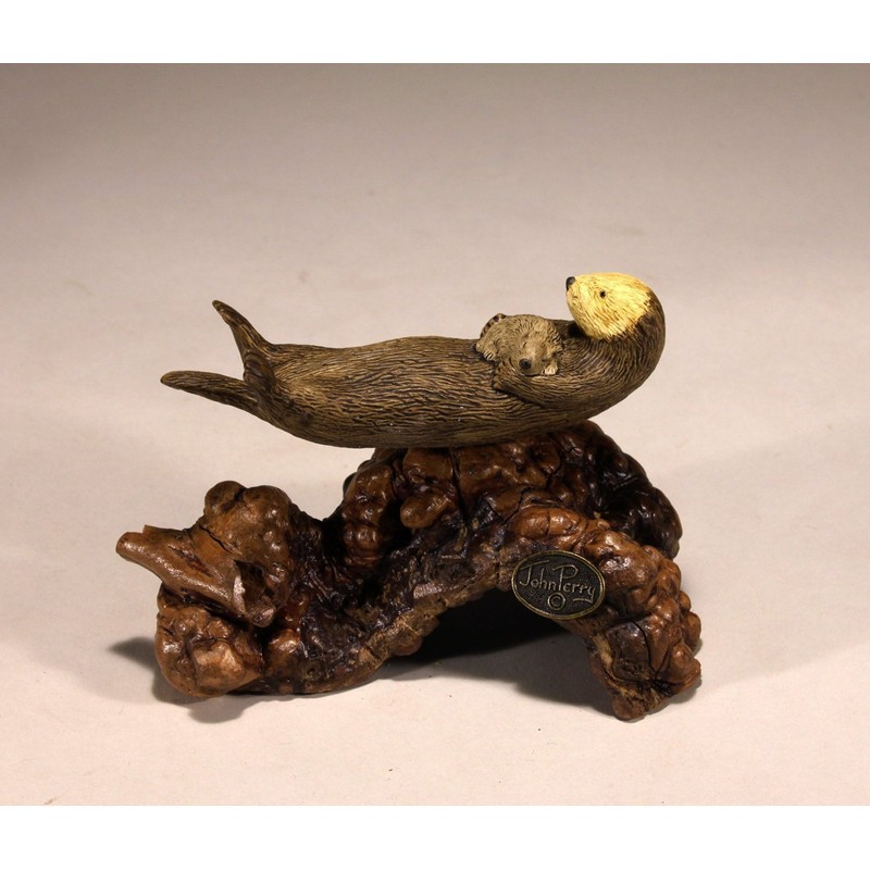 Sea Otter Mother and Pup Sculpture byJohn Perry 5in Long
