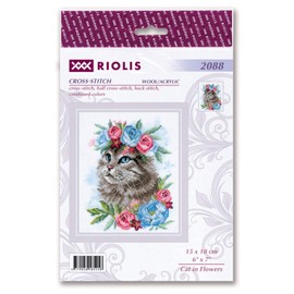 RIOLIS - Cat in Flowers 2088, Cat Lovers Cat Cross Stitch Kits 6"X7", Cross Stitch Kits for Beginners & Advanced, Crossstitching Kits Adult, Counted Stitching Kits, Cat Embroidery Kit