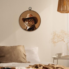 XBBMGG Vintage Cowboy Cat Wall Art Decor - Funny Western You Just Yee'd Round Wall Hanging Decor, Brown Cowboy Hat Cat Framed Canvas Prints for Nursery Living Room Bathroom Decorations, 10x10inch