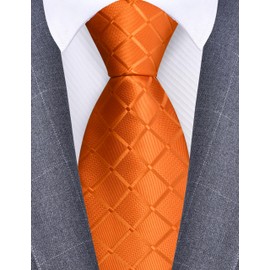 GUSLESON Orange Tie for Men Wedding Solid Silk Plaid Checkered Necktie for Business (1034-23)