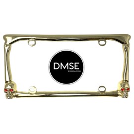 DMSE Heavy Duty Metal Skulls and Bones with Red Eyes Decorative License Plate Frame Cool Decorative Design for Any Vehicle (Gold)