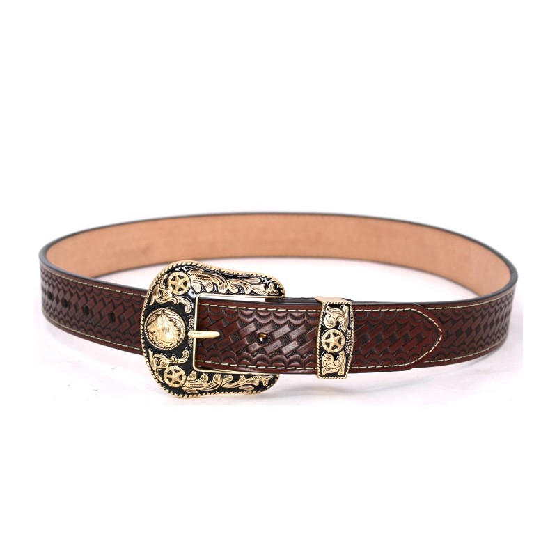 Western CF Belt Genuine Leather Gold Bull Basketweave Horse Buckle