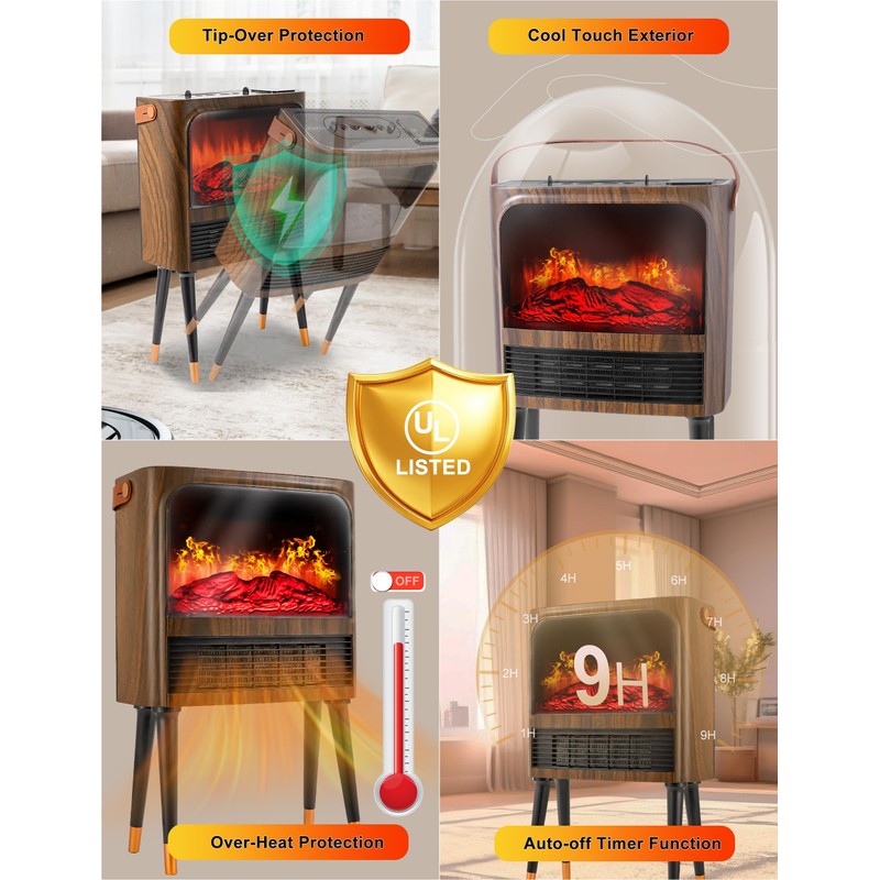 Electric Fireplace Heater with 3D Realistic Flame, Humidifier, Thermostat, Safety