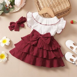 HEOXIN Baby Clothing Dress Girls, Newborn Flying Sleeve Bow Knot Colour Blocking Frilly Baby Dresses with Headband for Clothing Sets, Baby Clothes Red Dress Baby Girls, 3-24 Months, red