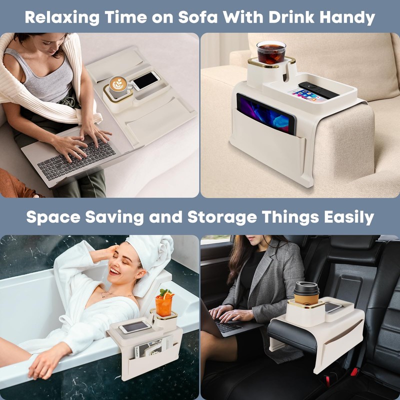 Couch Cup Holder with Tray & Dual-Sided Storage Pocket, Large