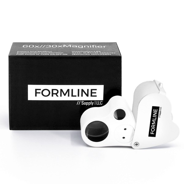 Formline LED Illuminated Jewelers Loupe/Trichome Scope (60x + 30x Lens) - Magnifier Made for Gardening, Jewelry, Antiques, Coins, Rocks, Stamps, Hobbies, Watches, Photos and Science (White/Silver)