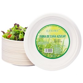 EXNIMA, Pack of 50, 100 or 200 Biodegradable Disposable Sugarcane Plates Round Disposable Tableware 100% Natural Ecological Event Party BBQ Birthday and Crafts