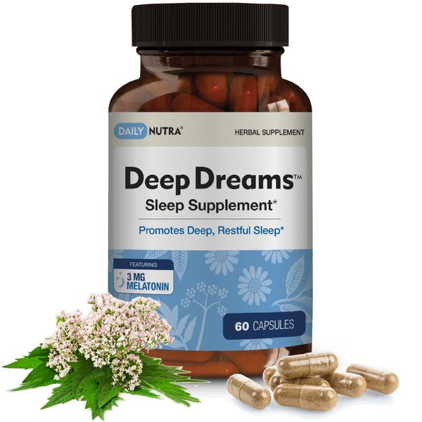 DailyNutra Deep Dreams ~ Natural Sleep Supplement Promotes Deep, Restful Sleep, Non Habit Forming with Melatonin, L-Tryptophan, Valerian, GABA, Chamomile, & Passionflower (60 Capsules)