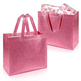 PHOGARY 15pcs Gift Bags with Handles (Pink Glitter), Stylish Party Bags for Birthday Bachelorette Wedding Party Favor Bridal Shower Wrap, Reusable Goodie Bags