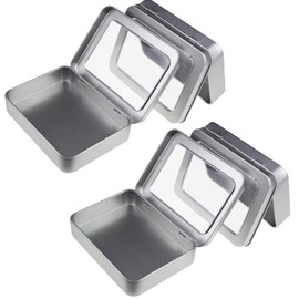 Metal Tins Small,4 pcs Empty Rectangular Hinged Tins Container with Clear Window Lids Mini Storage Containers Organizer Box for Candies Gifts Treasures Craft Silver 130 * 95 * 38mm