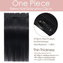 Clip in Hair Extension Human Hair One Piece 16 inch-45 grams 100% Real Remy Hair Extensions Straight 3/4 Half Head (#01 Jet Black)