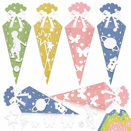 LYLIDIA Small School Cone, 26 cm, Pack of 12 Sugar Cone Small Siblings School Cone for Filling, 4 Patterns Sibling School Cone Craft Set for First Day of School & Gift Packaging