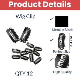 TEMPERIA Hair Extension Clips For Women & Men (12 Pcs) - Hair Patch Clips - Hair Attached Snap Wig Clips (Black) (3.4 cm)