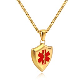 OIDEA Men's Pendant with Necklace Medical Alert Shield Pendant Gold for Men Women ID Stainless Steel with Gold Chain 55 cm, Stainless Steel