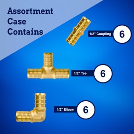 New Age America® 18pcs 1/2" PEX Fittings AquaFlow 360™ | 6 Elbow + 6 Tee + 6 Coupling | 1/2 Inch Brass | Barb PEX Fittings for PEX Pipe | Lead-Free Fittings | NSF, UPC, CUPC, ASTM F1807 Certified