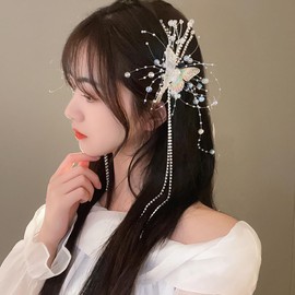 2 pack Crystal Long Tassel Hair Clip Butterfly Hair Clips Long Tassel Hair Claw Clips Rhinestone Butterfly Hair Barrettes Cute Hairpins Decorative Hair Accessories for Women Girls (White, One size)