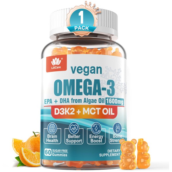 LILICARE Vegan Omega3 Gummies 1280mg + Vitamin D3 K2, Sugar